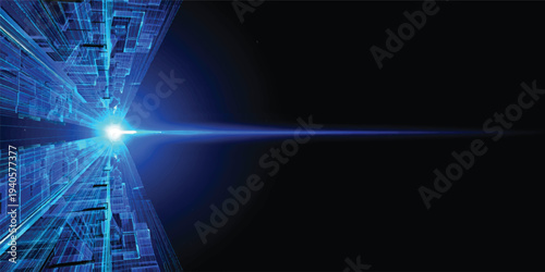 An abstract technology backdrop featuring blue glowing waves and digital light rays creates a dark motion design with a fluid animation of neon lines across a black space