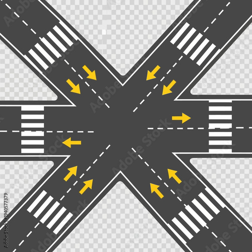 Crossroads intersection with traffic lights and pedestrian crossings, top view