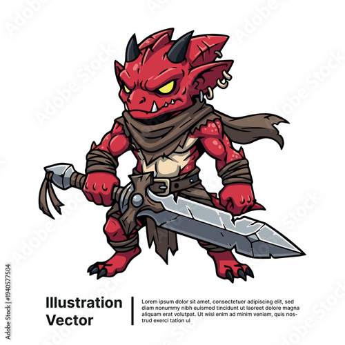 Red Goblin Warrior Standing with Sword and Shield, Fantasy Creature, Medieval Background, Vector Illustration, Front View