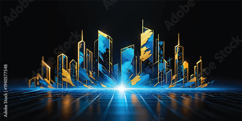 Abstract blue background with glowing lines reflecting night city lights on fountain water during an evening candle show in Korea