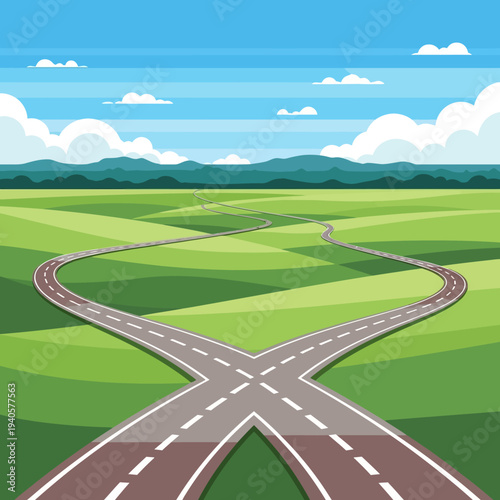 Forking Road Crossroads in Green Landscape, Choice and Direction Concept