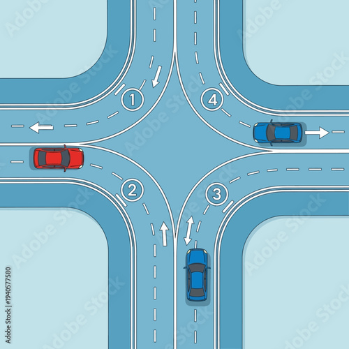 Intersection traffic flow: cars navigating a four-way junction with lane markings and arrows