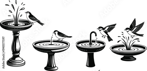 Four black and white of birds interacting with different types of bird baths and fountains water