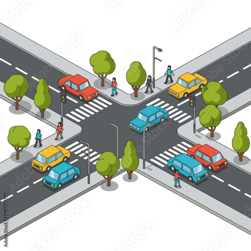Isometric intersection with cars, pedestrians, traffic lights, and trees