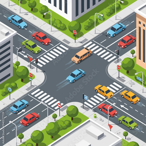 Isometric city intersection with cars and traffic lights, urban transport concept