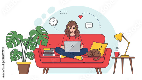 Young Woman Freelancer Working Remotely on Laptop Sitting on Red Sofa with Cat in Cozy Home Office Flat Vector Illustration.