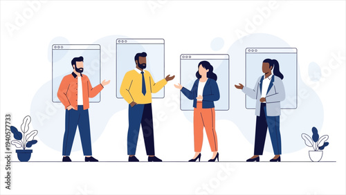 Diverse Professional Team Collaborating in Virtual Workspace, Flat Vector Illustration of Remote Work Video Conference and Online Meeting Concept