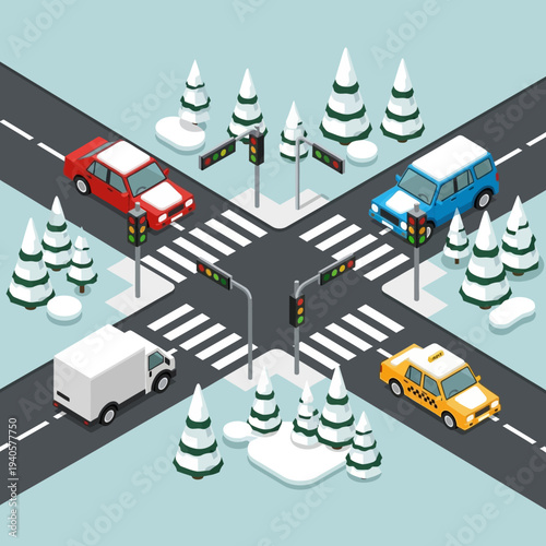 Isometric intersection with cars, traffic lights, and snowy trees in winter