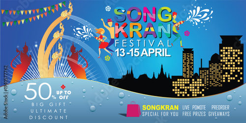 Songkran sale promotion banner for Songkran Festival Abstract background. Thai New Year Holiday. The Water Splash Festival. Vector and Illustration, EPS 10.