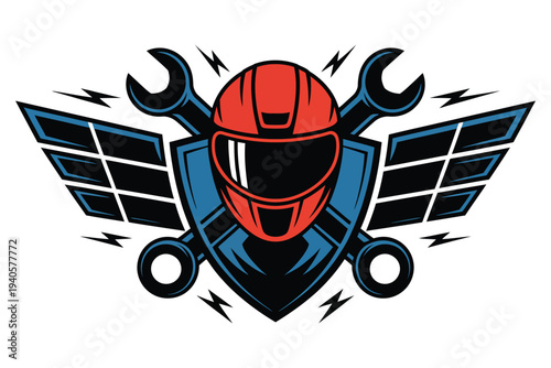 Motorcycle helmet and wrenches emblem with wings, shield, and lightning bolts, sports logo design