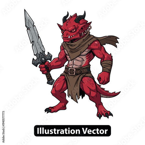 A red demon warrior stands ready for battle with a sword in hand