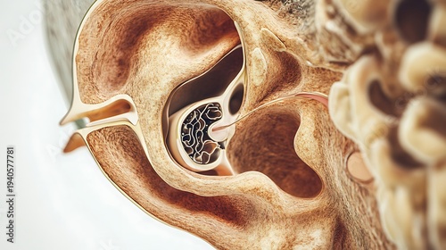 Detailed medical illustration of the human ear anatomy showing the inner ear structures and auditory nerve pathways in a realistic and educational visual representation.