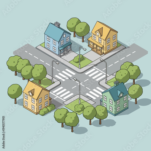 Isometric suburban intersection with houses, trees, and crosswalks