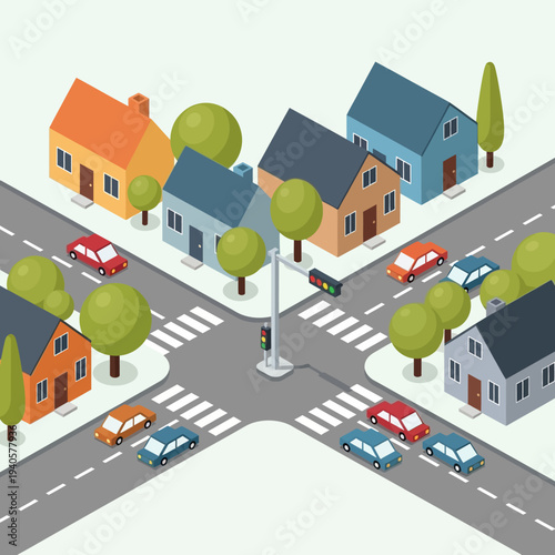 Isometric suburban neighborhood intersection with houses, cars, and traffic lights