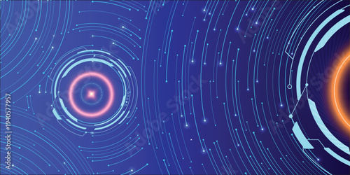 Futuristic blue circular HUD interface with flowing data lines, abstract digital technology speed background for AI, big data and network communication