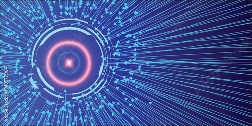 Futuristic blue circular target HUD with burst of arrows, abstract digital technology business growth and direction concept background