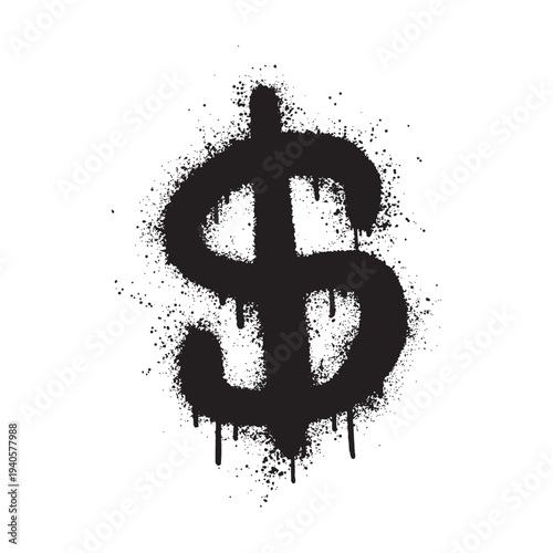 A black dollar sign with a spray paint or graffiti texture, splattered on a white background, symbolizing money, finance, or urban art.