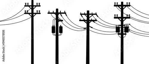 Four black utility poles with electrical wires and transformers in a minimalist line style black and white