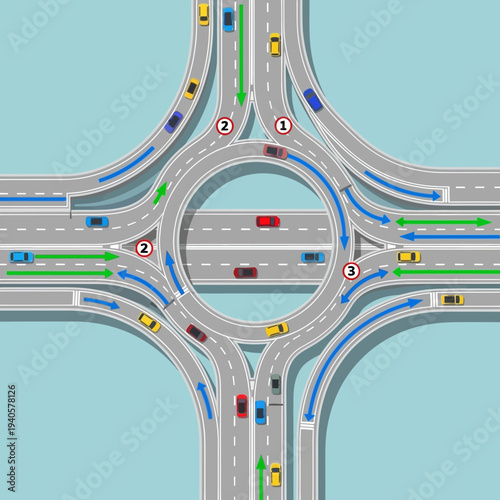 Modern multi-lane roundabout traffic intersection with cars and directional arrows