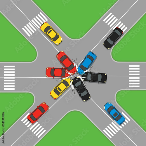 Multi-car crash at intersection, traffic accident, road chaos, multiple vehicles colliding