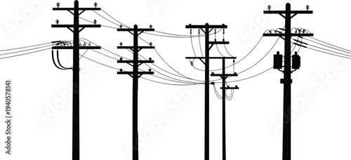 Four black utility poles with numerous interconnected wires and electrical components in a minimalist line style