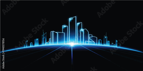 Abstract blue digital background featuring a night city skyline silhouette with financial charts and glowing light vectors for business design