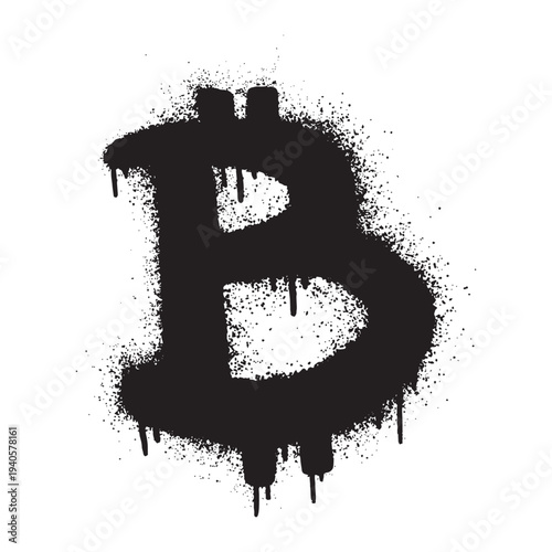 Black graffiti style Bitcoin symbol with spray paint texture and drips on a white background, representing digital currency and blockchain technology.
