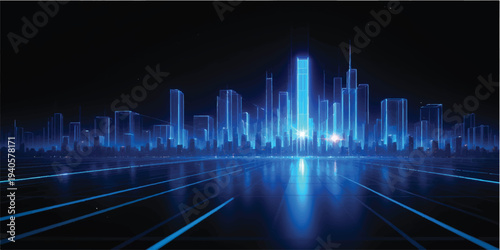 Abstract blue background with music notes and an equalizer featuring a vector cityscape skyline and financial chart concept for urban business design