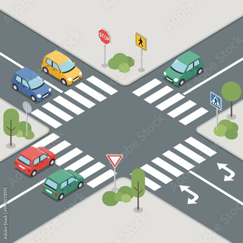 Isometric Crossroads Intersection with Cars, Traffic Signs, and Pedestrian Crossings