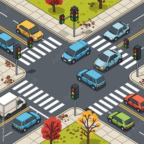 Isometric Crossroads with Cars and Traffic Lights in Autumn
