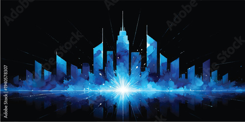 Abstract blue background with waves featuring a vector illustration of a new York city skyline and urban skyscraper architecture reflecting over water at night