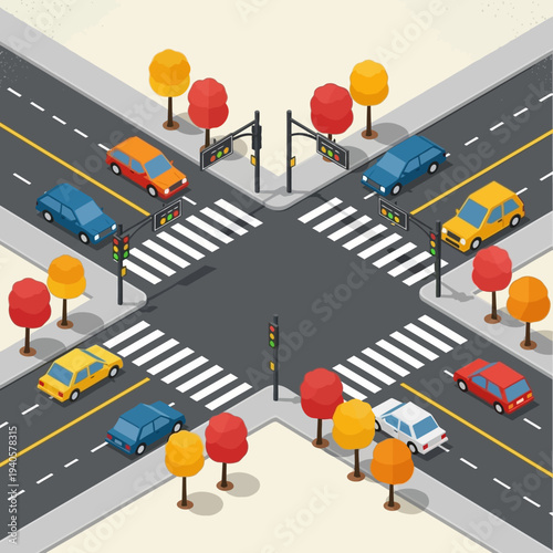 Isometric Crossroads with Cars and Traffic Lights, Urban Intersection