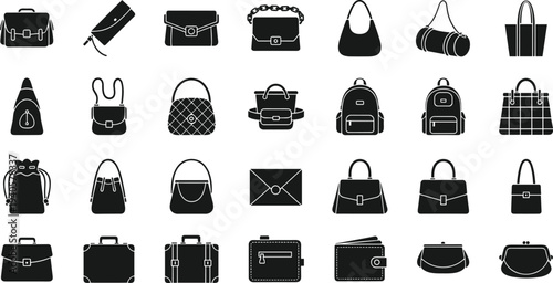 Handbag and backpack icon set, fashion bags silhouettes collection including purse wallet briefcase and travel bag, minimal vector illustration