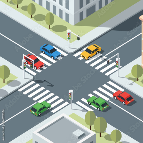 Isometric Crossroads with Cars and Traffic Lights, Urban Intersection