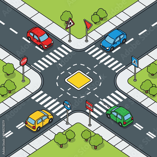 Isometric crossroads with cars, traffic signs, and crosswalks