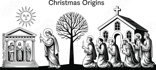Historical depiction of Christmas origins with religious figures and ancient symbols in black and white