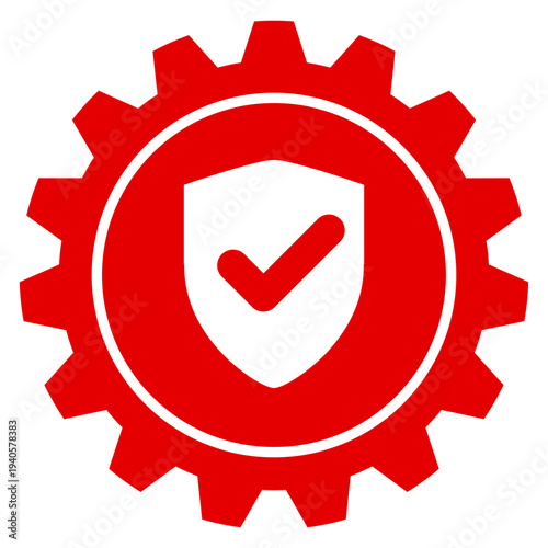 Einstellungen für Sicherheit und Schutz Rotes Zahnrad Icon Vektor mit Schild und Haken auf transparent Hintergrund PNG