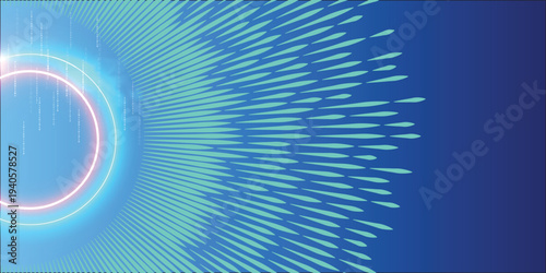 Neon blue radial data burst with glowing circular ring and falling binary code, futuristic digital technology background with copy space