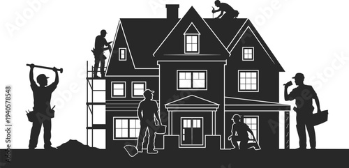 Silhouettes of construction workers building a large house with scaffolding and tools