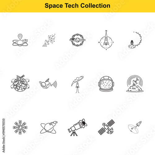 Various space technology and exploration icons depict astronomical research and astronaut.