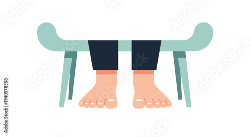 Bare feet and legs of a person sitting under a teal chair, isolated on transparent background