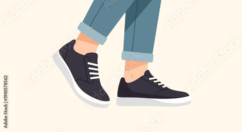 Close-up view of a person wearing dark blue sneakers and cuffed jeans, in motion