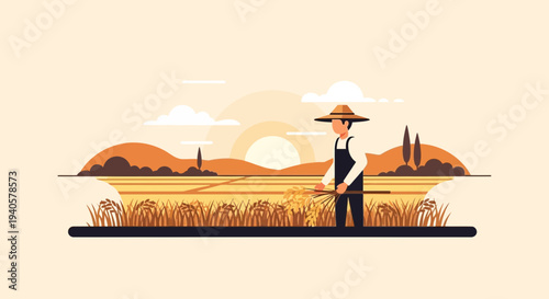 Farmer harvesting rice in a golden field during sunrise, showcasing traditional agriculture