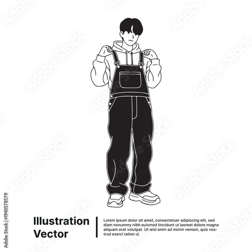 A young man standing confidently with hands on hips wearing overall and hoodie illustration vector graphic