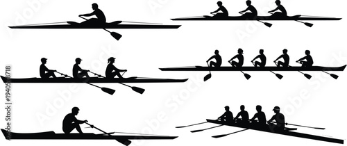 Silhouettes of rowers in different boat configurations on a white background boats black
