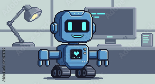 Friendly pixel art robot with a blue screen face and heart icon, in a retro office, symbolizing AI, technology, automation, and digital assistance.