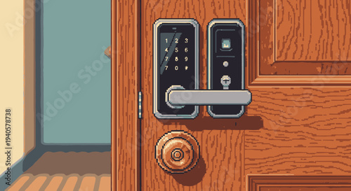 Pixel art illustration of a modern smart lock system with a digital keypad and handle on a wooden door, symbolizing home security and technology.