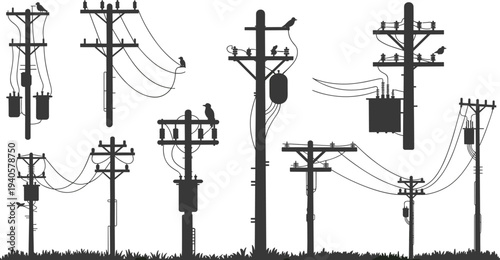 Silhouettes of utility poles with birds and transformers on a white background power lines