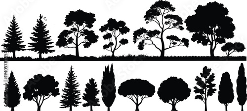 Silhouettes of various trees and plants against a white background in a nature-themed black