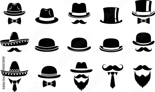 Collection of various hats and facial hair accessories